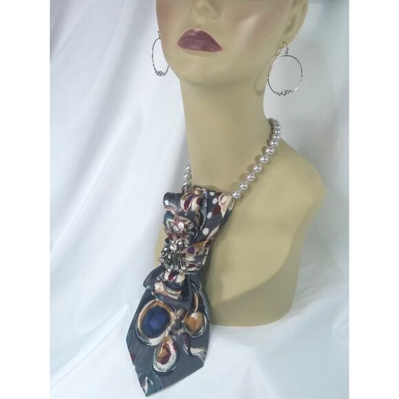 Artisan Vintage Silk Tie Necklace Upcycled Multi Jeweled Accent Piece Pearls NEW - Picture 5 of 13